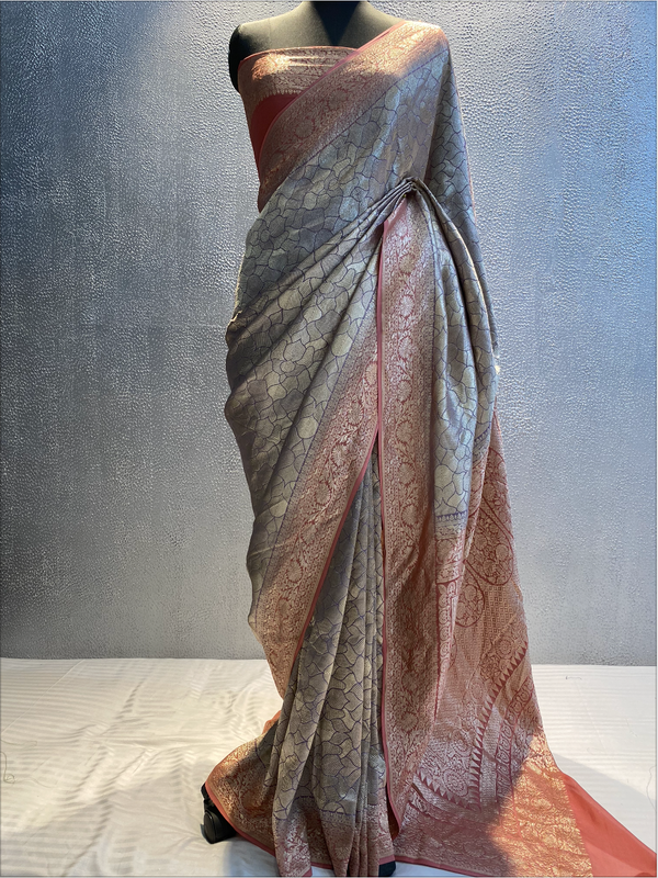 mauve and pink Khaddi georgett designer zari tanchui saree in contrast color