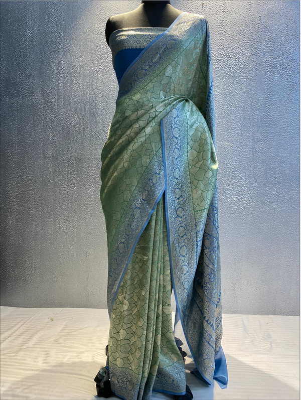 green and sea green Khaddi georgett designer zari tanchui saree in contrast color