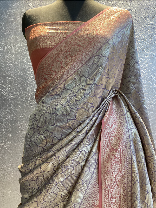 mauve and pink Khaddi georgett designer zari tanchui saree in contrast color