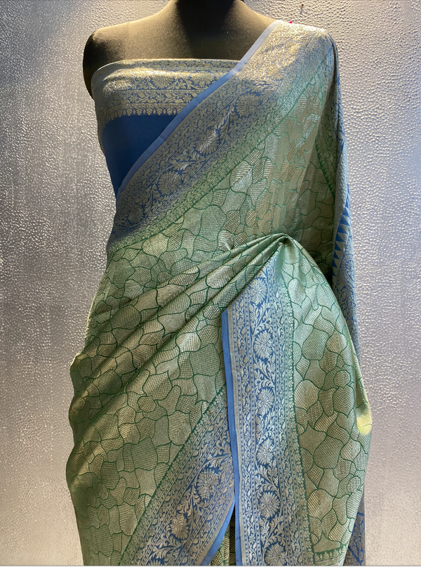 green and sea green Khaddi georgett designer zari tanchui saree in contrast color