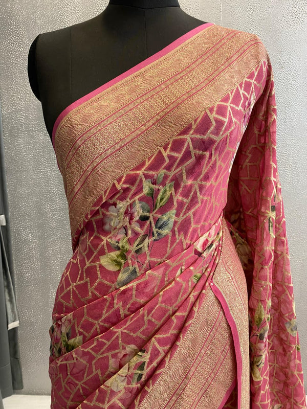 dusty pink pure Banarasi Khaddi Georgette saree
