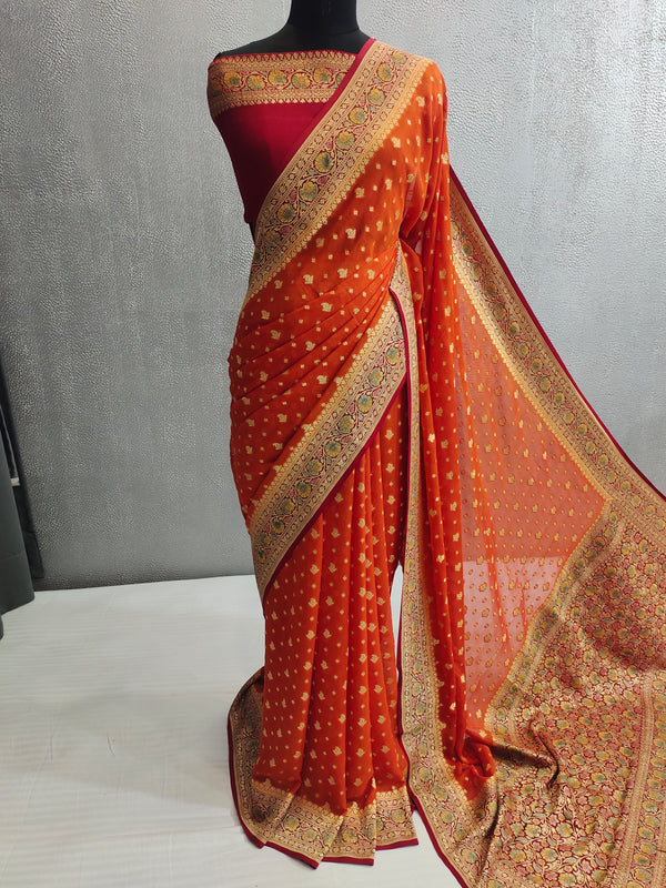 Khaddi Georgett Banarasi Orange Saree