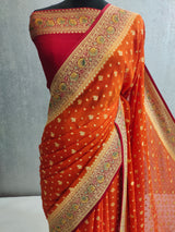 Khaddi Georgett Banarasi Orange Saree