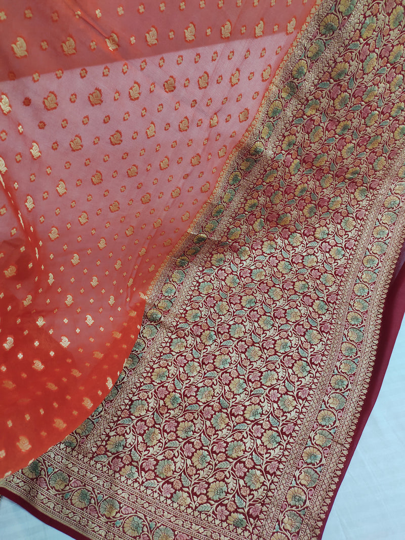Khaddi Georgett Banarasi Orange Saree