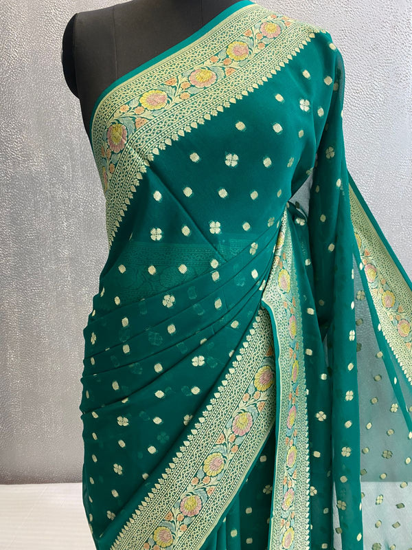 Khaddi Georegett teal Color Banarasi Saree