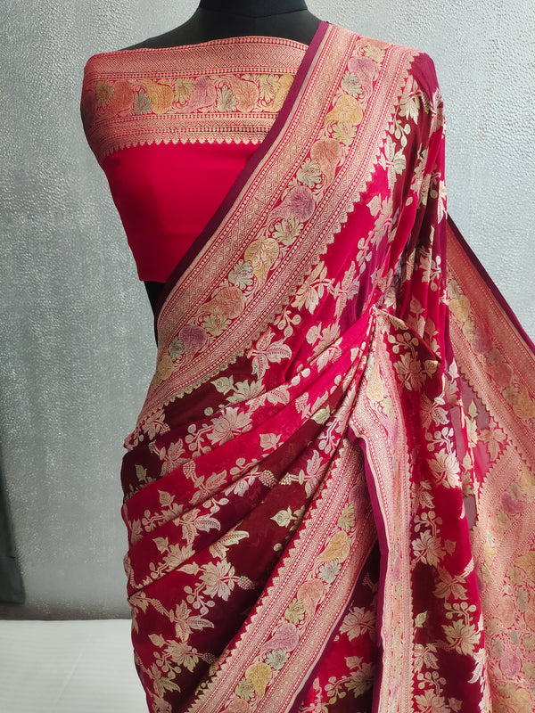 Red Khaddi Georgett Banarasi Saree