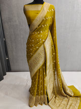 Khaddi Georgett Mehandi Green Banarasi Saree