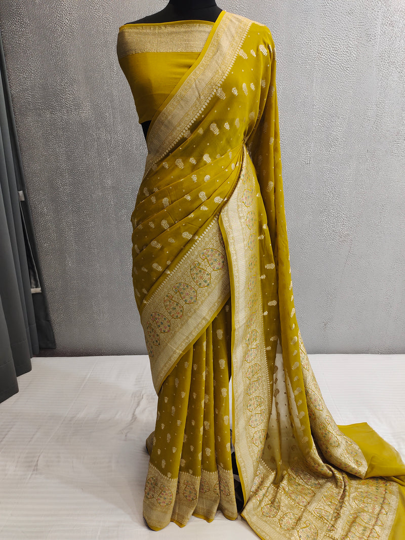 Khaddi Georgett Mehandi Green Banarasi Saree