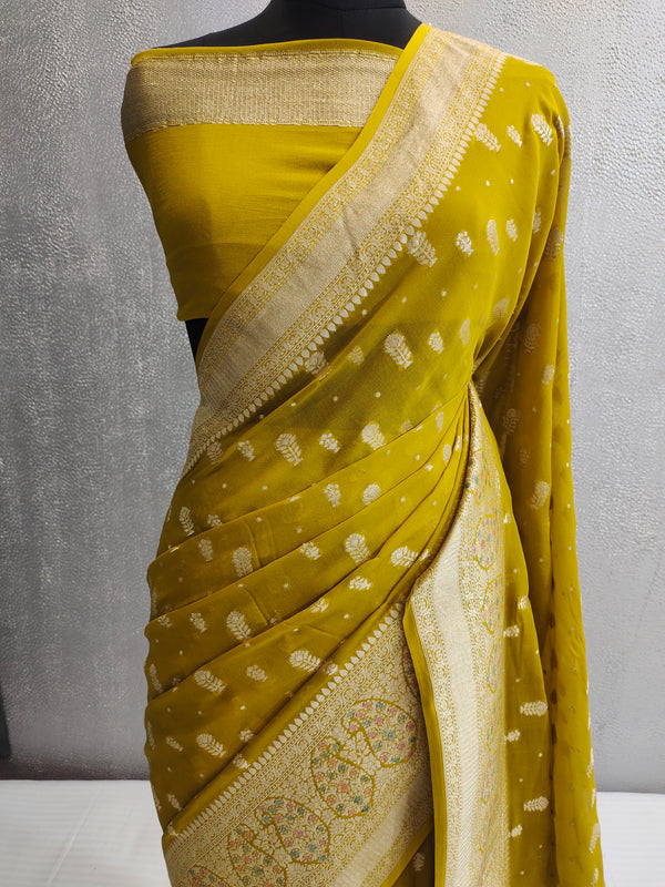 Khaddi Georgett Mehandi Green Banarasi Saree