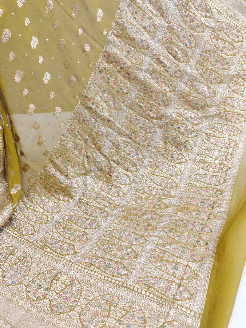 Khaddi Georgett Mehandi Green Banarasi Saree