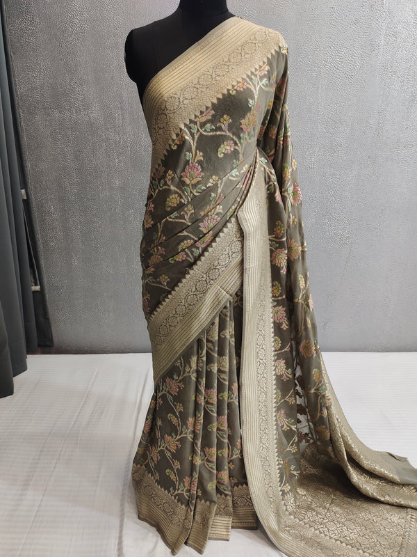 Khaddi Georgett Grey Banarasi Saree