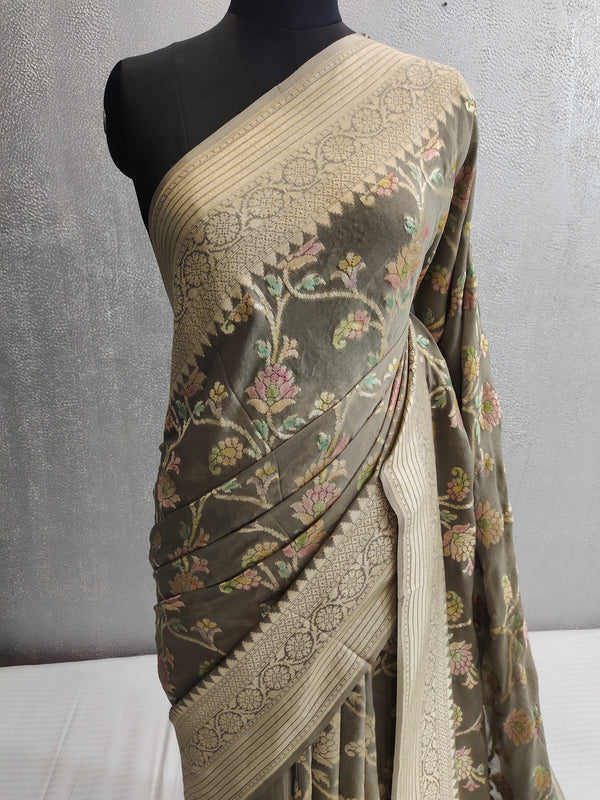 Khaddi Georgett Grey Banarasi Saree