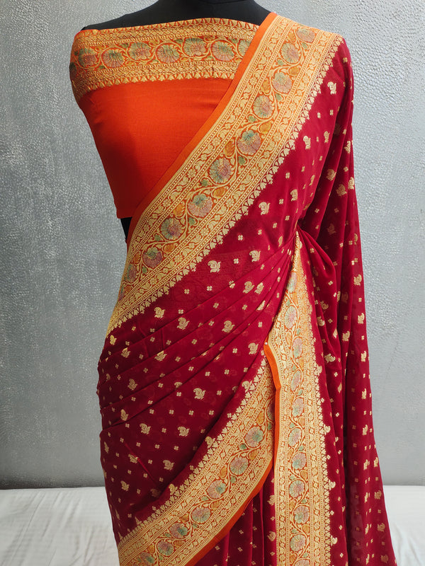 Khaddi Georgett Red Banarasi Saree