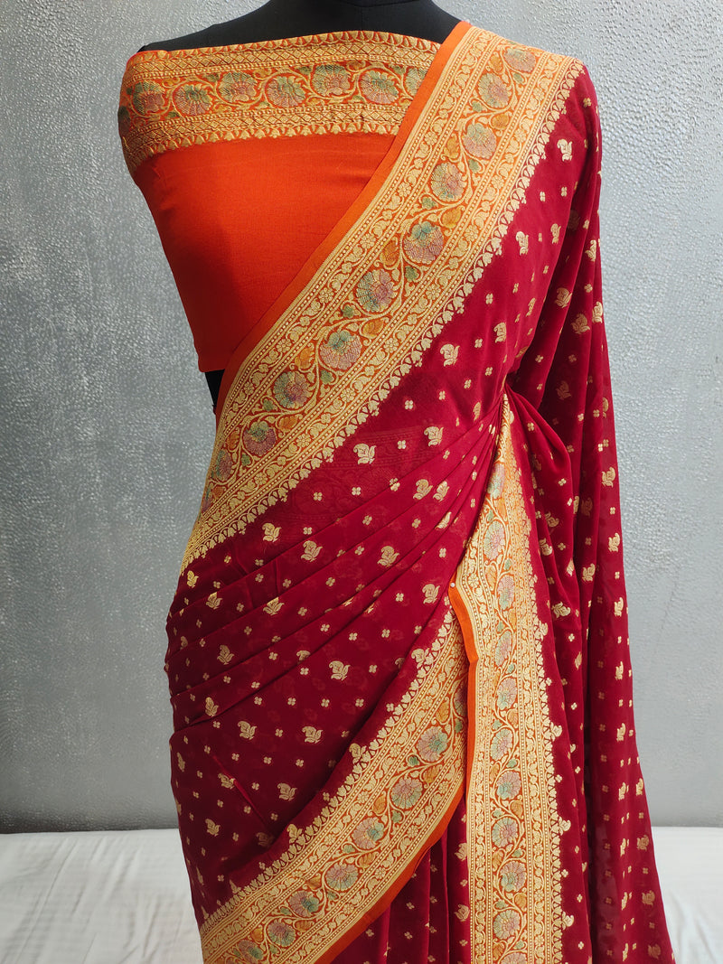Khaddi Georgett Red Banarasi Saree