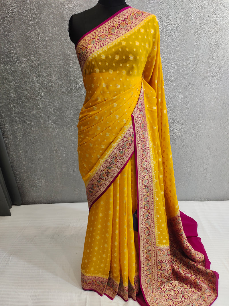 Khaddi Georgett Yellow Banarasi Saree