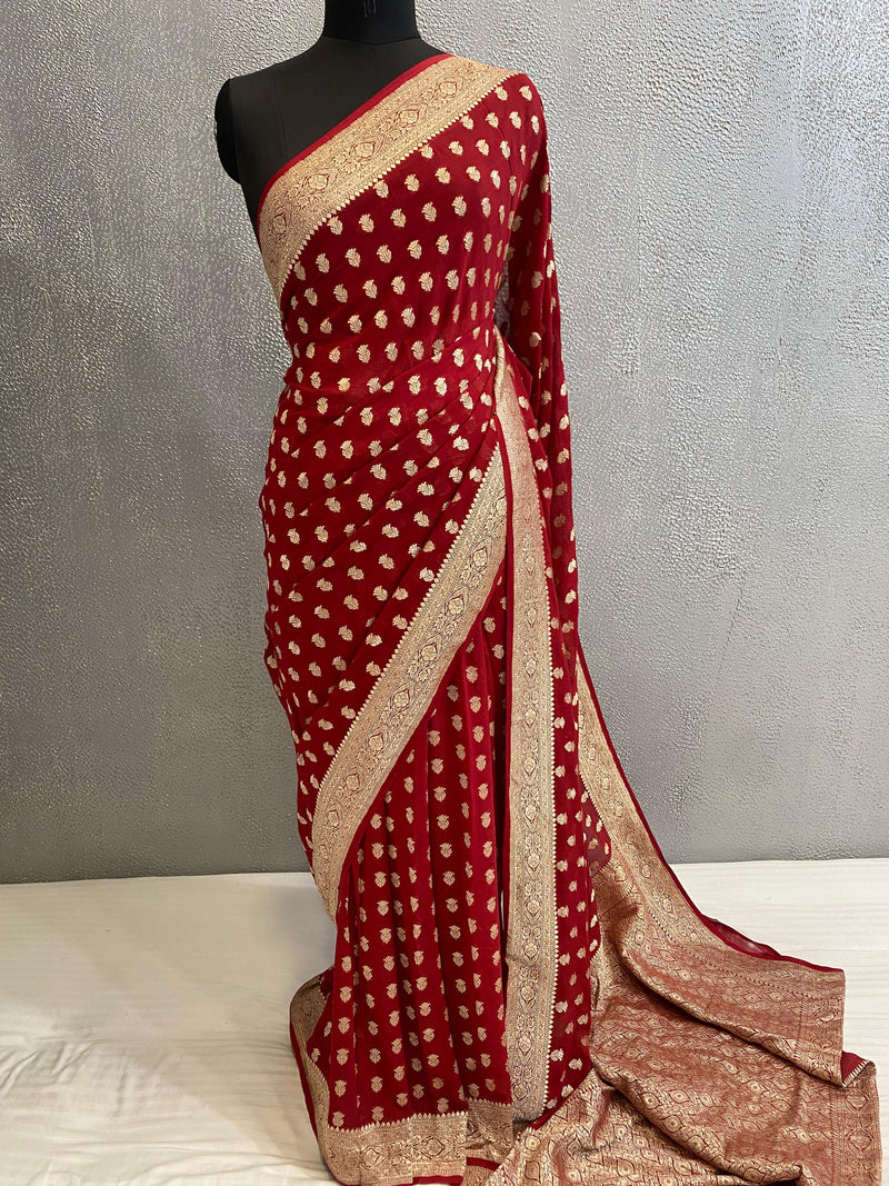 Khaddi Georgett Red Banarasi Saree