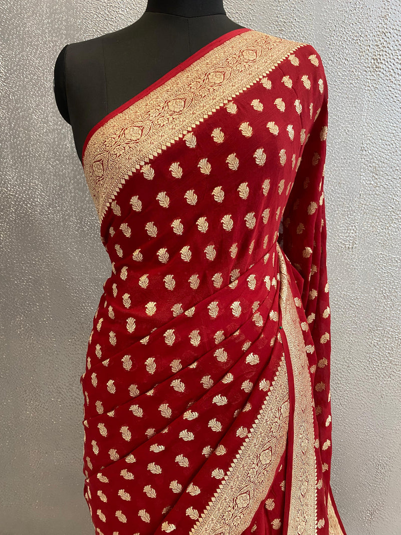 Khaddi Georgett Red Banarasi Saree