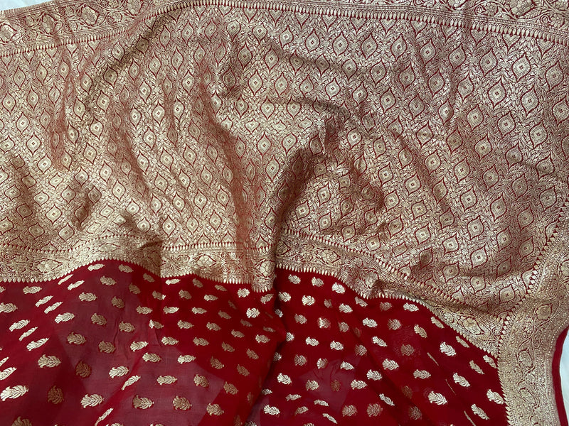 Khaddi Georgett Red Banarasi Saree