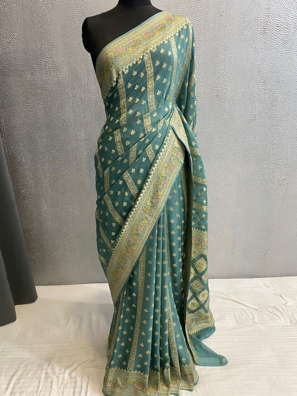 Premium Khaddi Georgett Pure Silk Sea Green Saree
