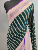 Khaddi Georgett meenakari bottle green saree