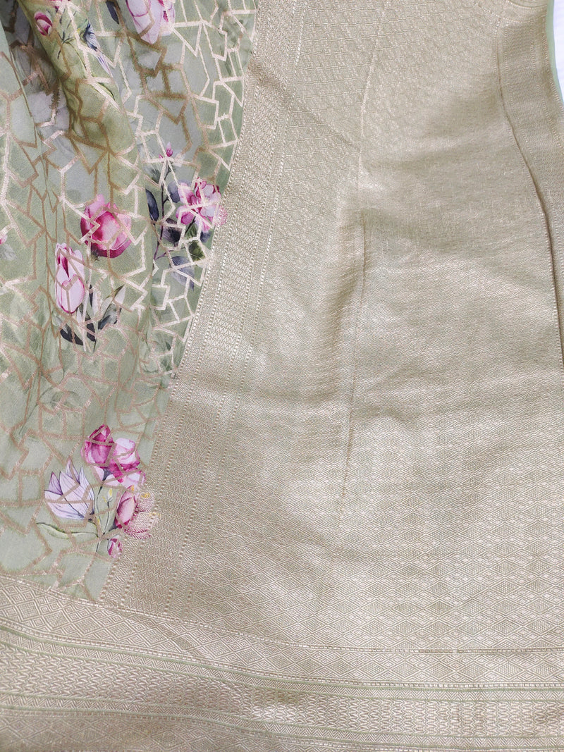 Khaddi Georgett Green Banarasi Saree