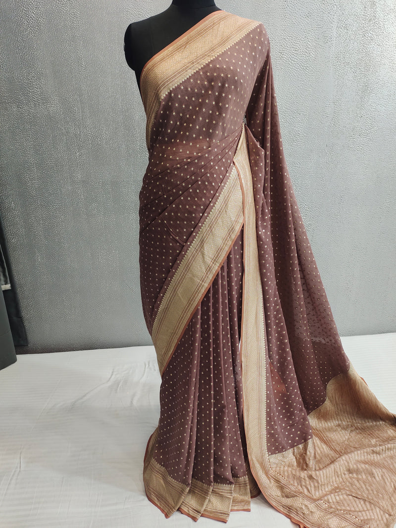 Khaddi Georgett Dusty Brown  Banarasi Saree