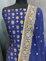 navy Banarasi cotton silk 3 piece suit