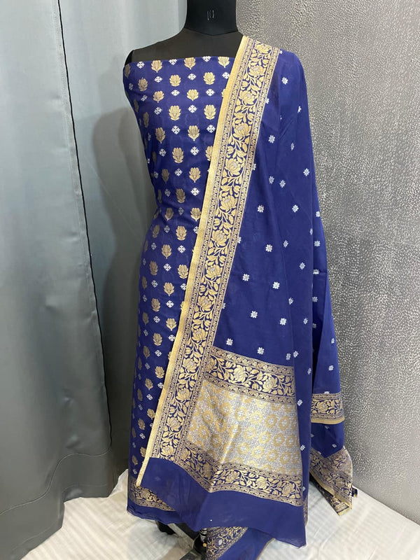 navy Banarasi cotton silk 3 piece suit