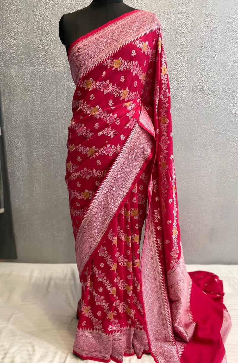 red pure silk Banarasi Muga saree