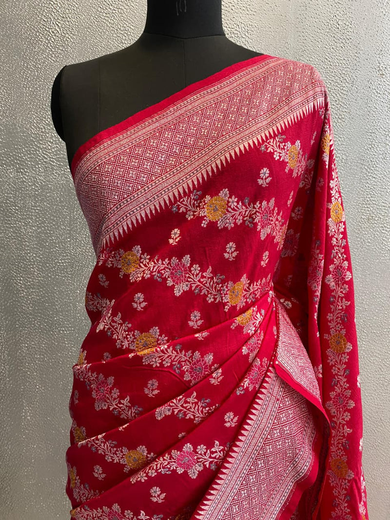 red pure silk Banarasi Muga saree