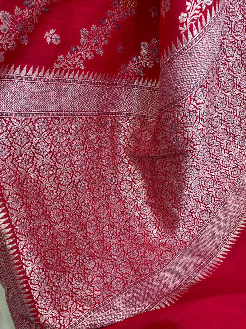 red pure silk Banarasi Muga saree