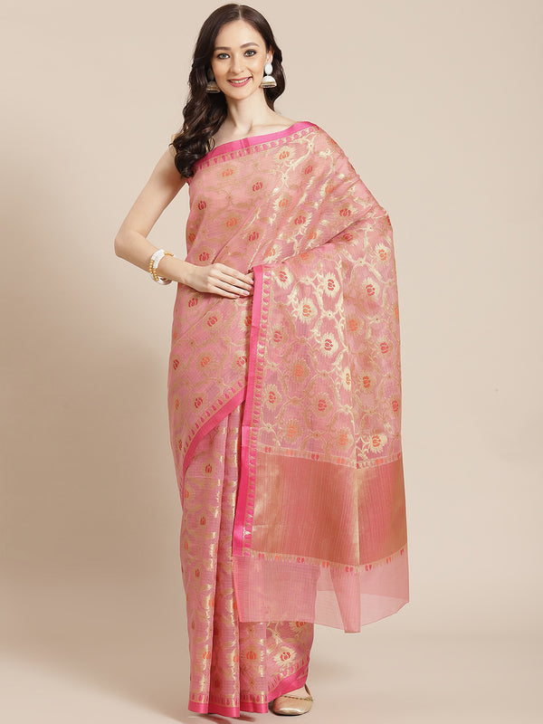 Pink Banarasi Cotton Silk Kota Check Saree