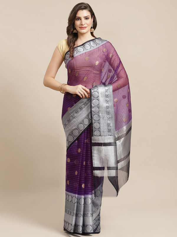 Purple Semi Organza Silk Blend Banarasi Saree