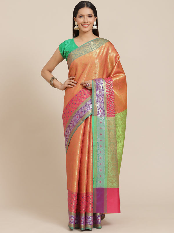 Peach colored semi silk blend banarasi saree