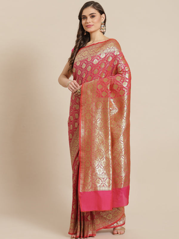 Pink color zari work semi katan banarasi saree