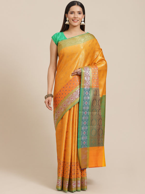 Yellow colored semi silk blend banarasi saree