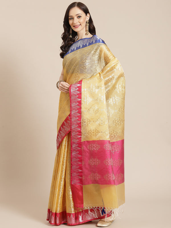 Beige and pink cotton silk banarasi saree