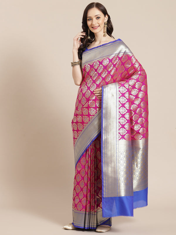 Pink and blue color semi katan silk banarasi saree