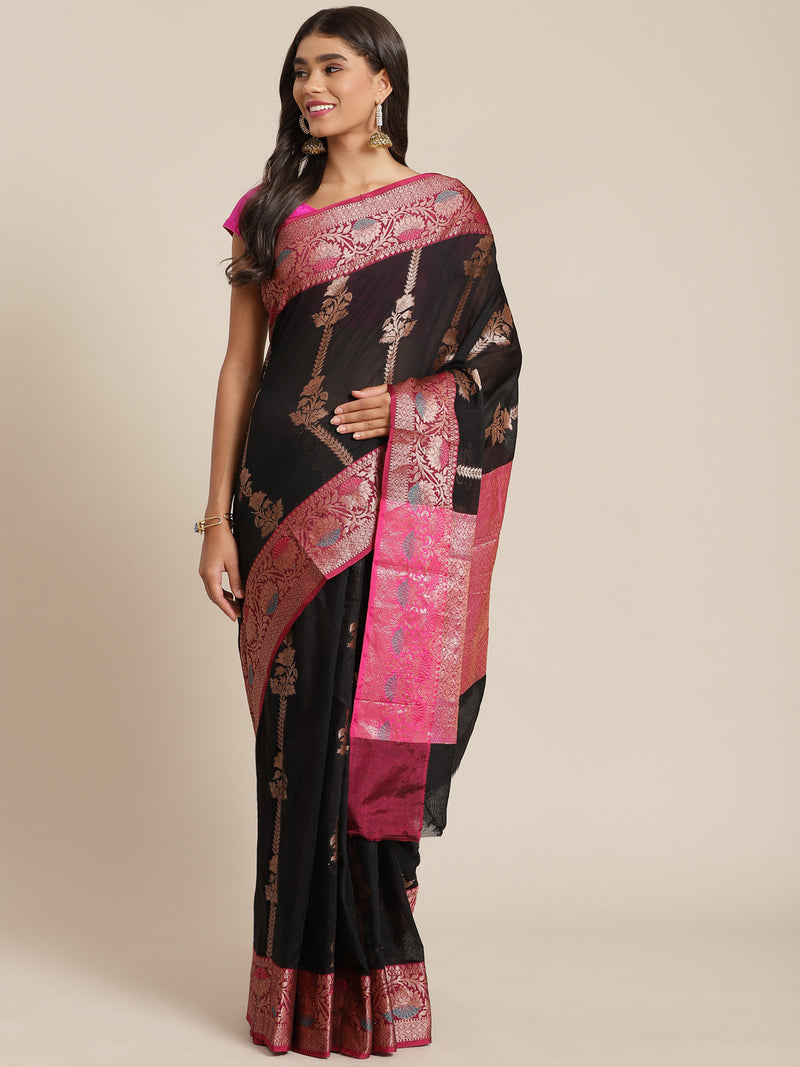 Black and pink colored semi cotton saree
