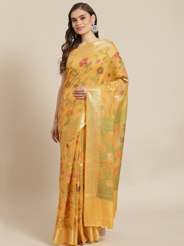 Yellow cotton silk banarasi saree