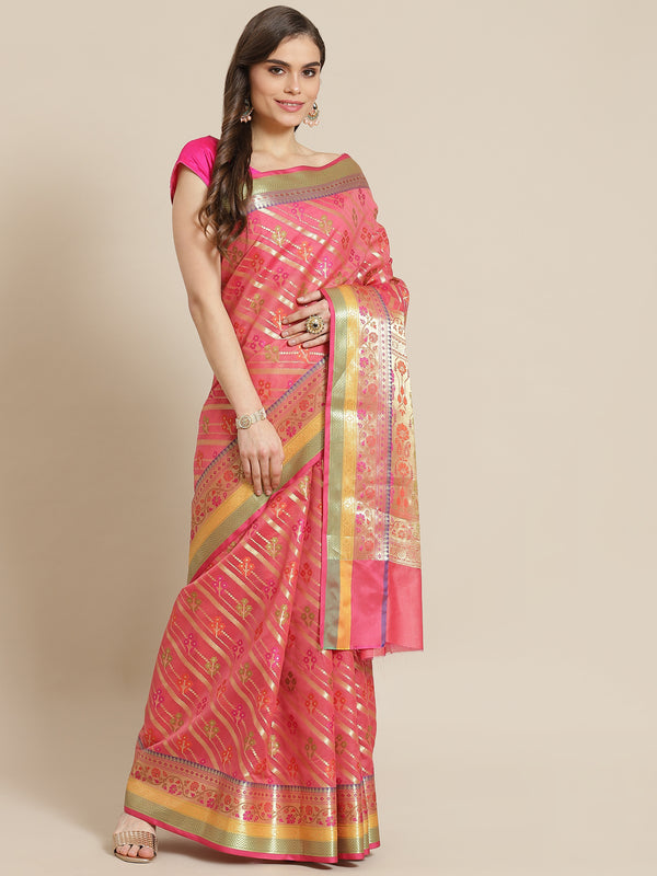 Pink jamdaani semi organza silk saree