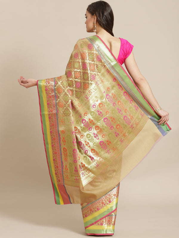 Beige semi organza silk blend banarasi saree