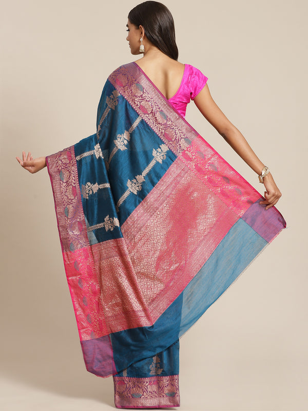 Blue and pink colored semi cotton  saree
