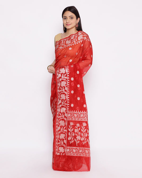 Red Organza Silk Blend Zari Booti Banarasi Saree