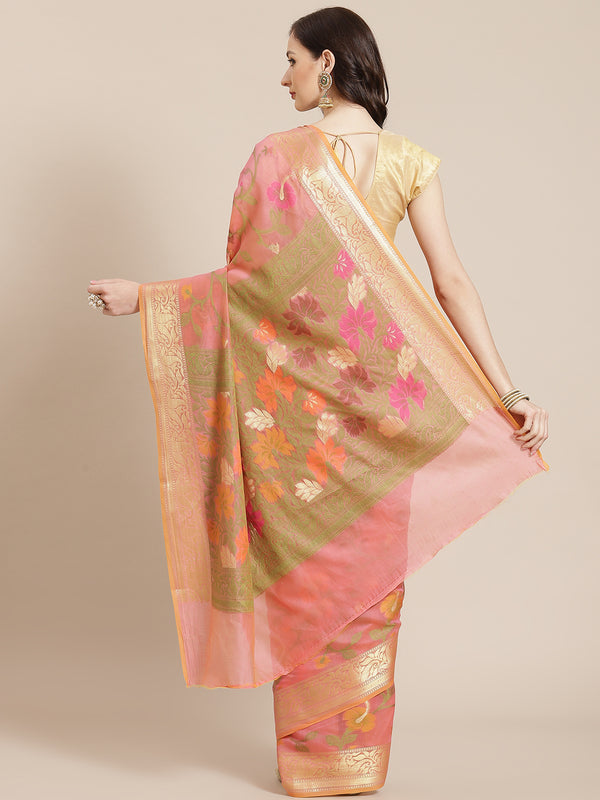 Pink cotton silk floral design banarasi saree