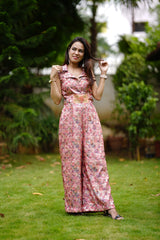Pink Floral jumpsuit with Embroidered Belt