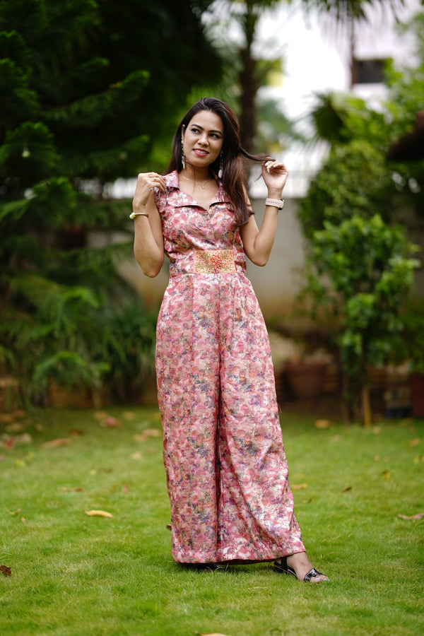 Pink Floral jumpsuit with Embroidered Belt