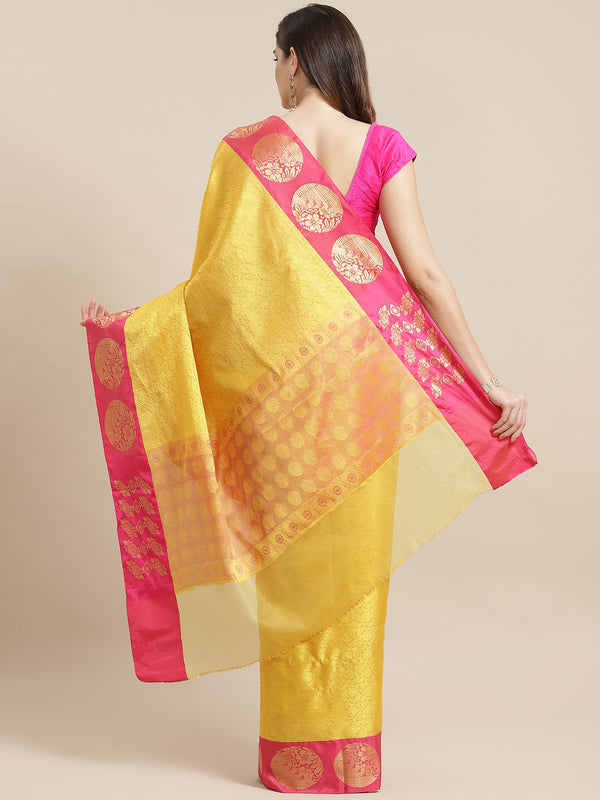 Shiny Yellow Silk Blend Tanchoi Banarasi Saree