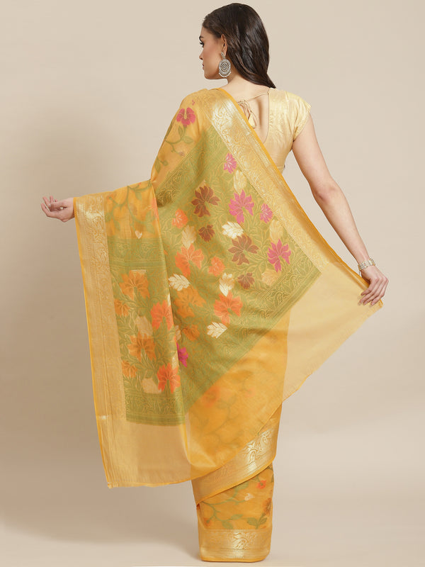 Yellow cotton silk banarasi saree