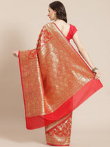 Red color zari work semi katan banarasi saree